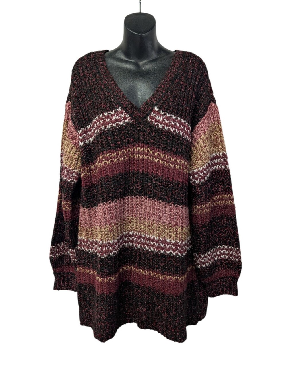 Lane Bryant Striped Chunky Knit V-Neck Sweater Tunic Burgundy Pink Plus Sz 14/16